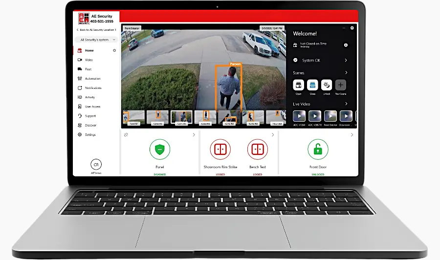Alarm.com business platform showing person detected on video surveillance