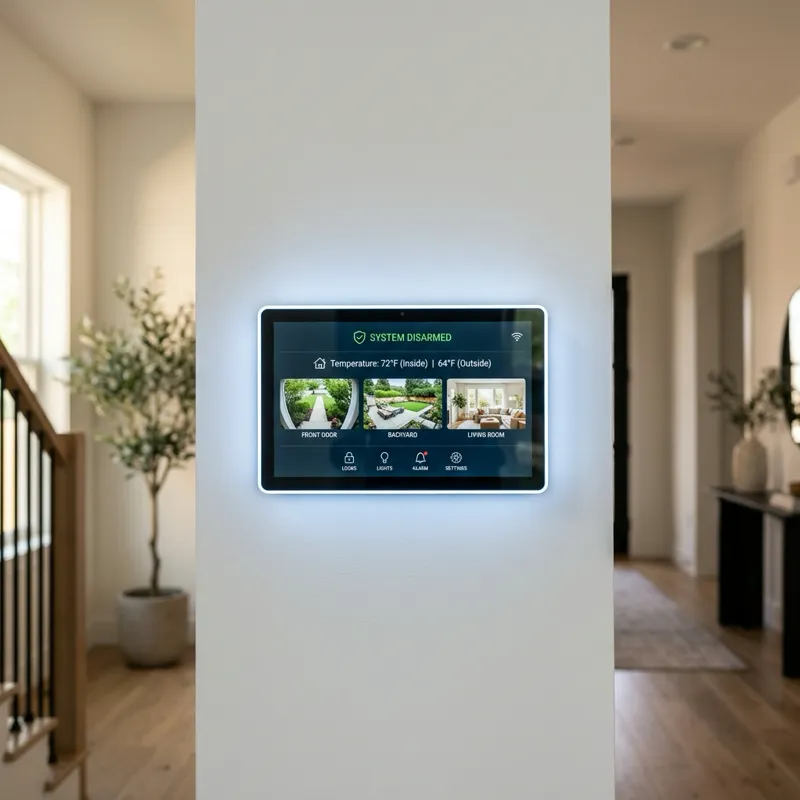 Modern smart home security panel mounted on wall showing camera feeds and system status