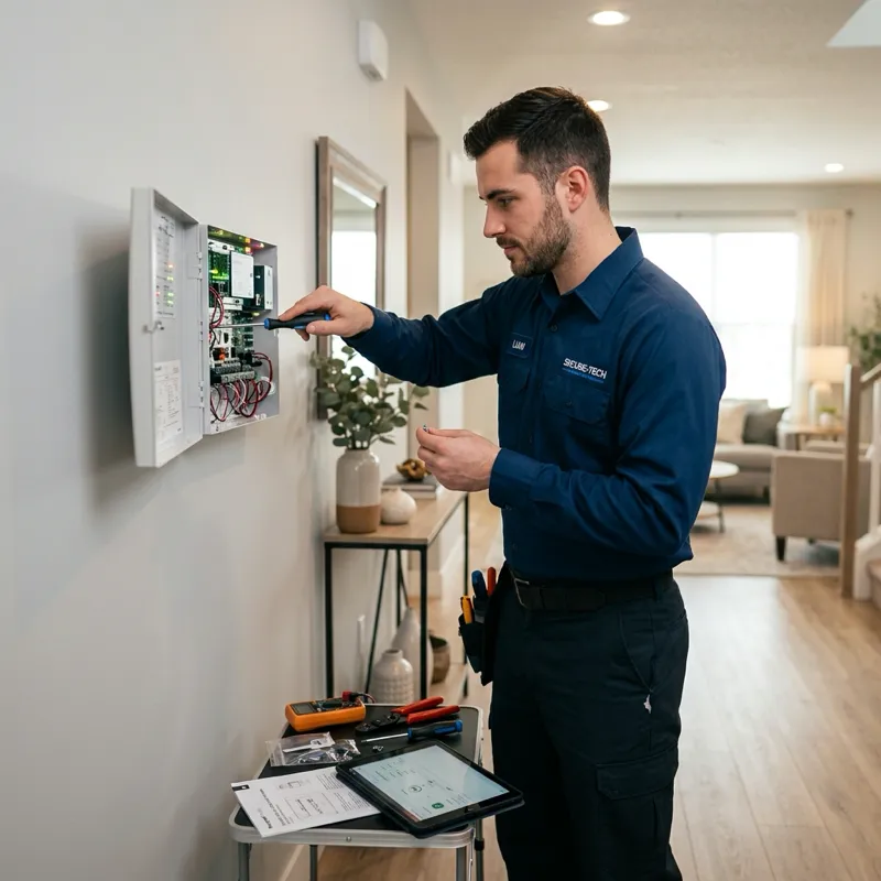 Security technician servicing an alarm panel in a home