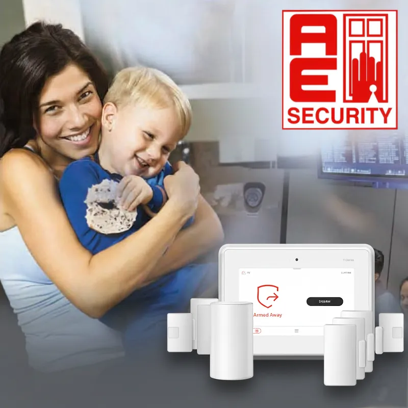 A young women at home in Calgary in her living room holding her child. An AE Security alarm system and sensors is in the bottom right, the AE Security logo is in the top right.