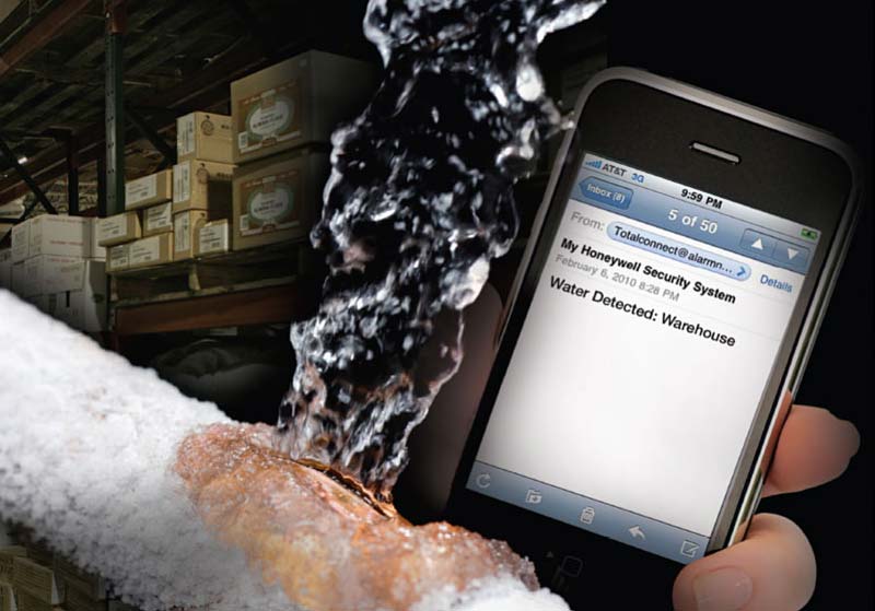 A frozen pipe bursting and a security alert on an iPhone