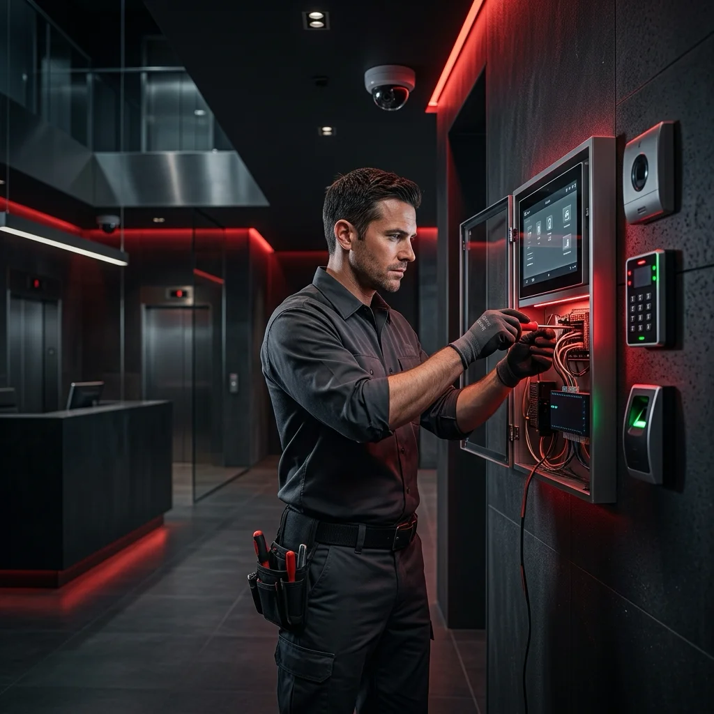 AE Security service technician working on a security panel and access control system