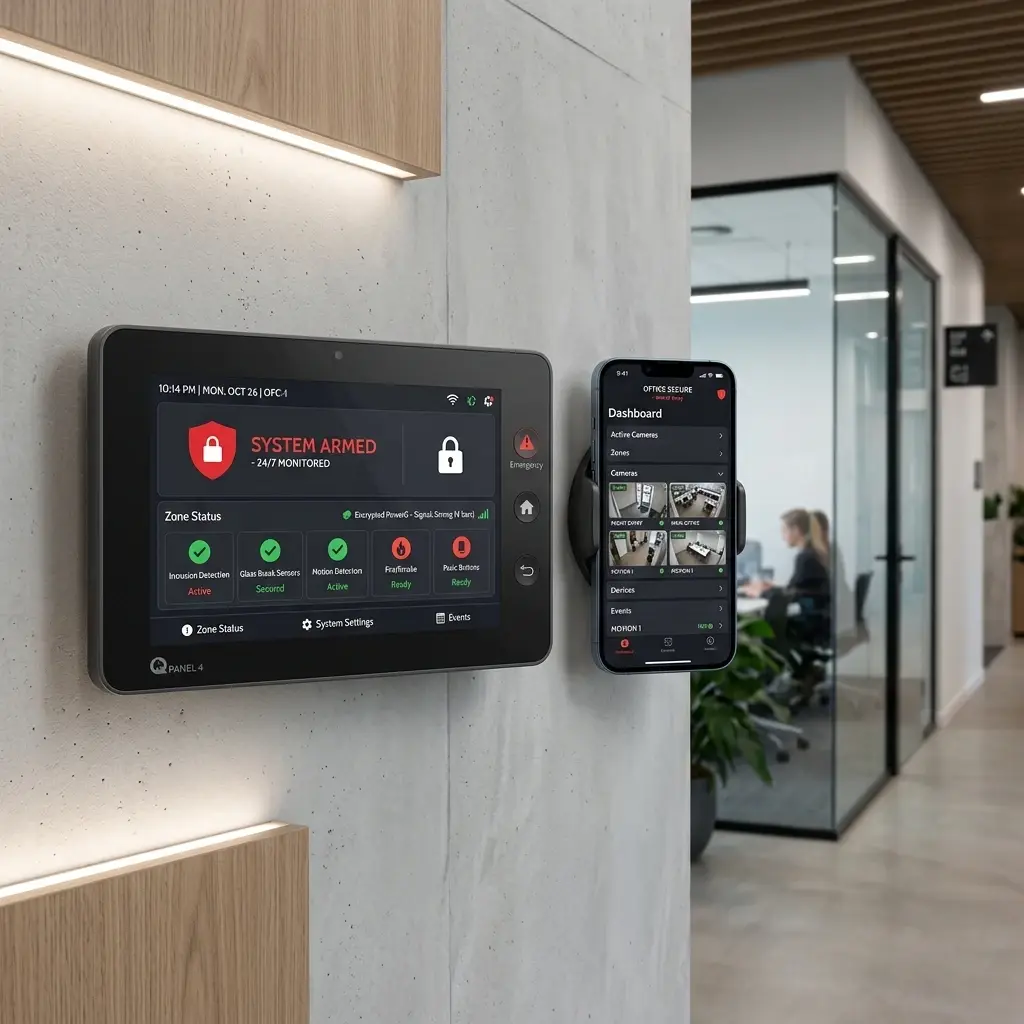Enterprise commercial alarm system touchscreen interface showing 24/7 monitored armed status alongside the mobile security dashboard for multi-zone facility protection.
