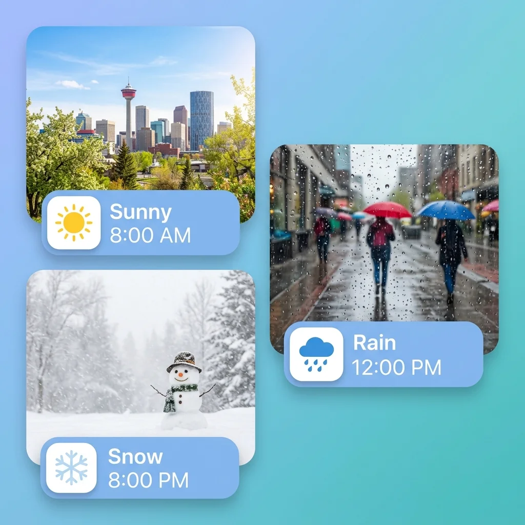 Alberta spring weather collage showing sunny, rainy, and snowy conditions in a single day