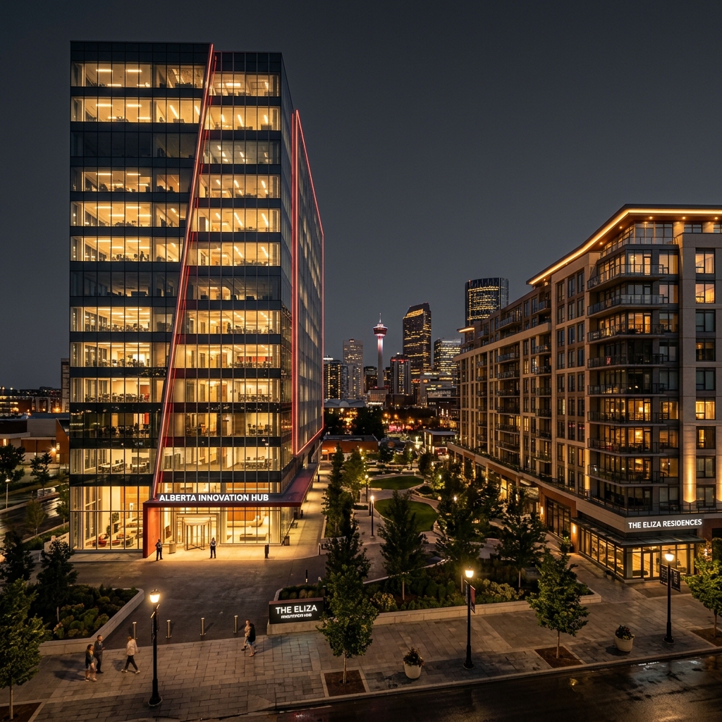 Illuminated modern commercial and residential buildings protected by AE Security at night in Calgary