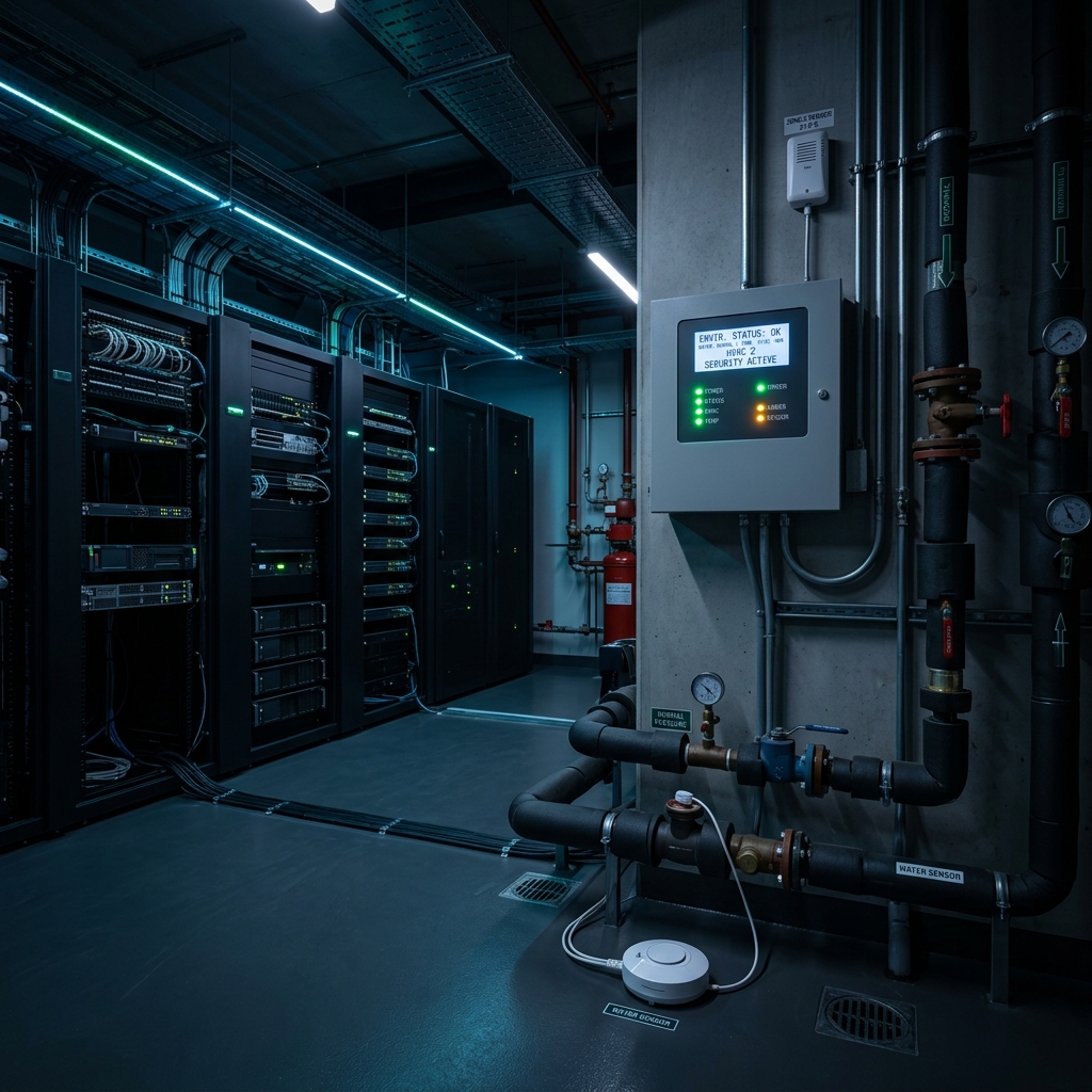 Environmental monitoring system in a commercial building with sensors for water leaks, temperature, and equipment status