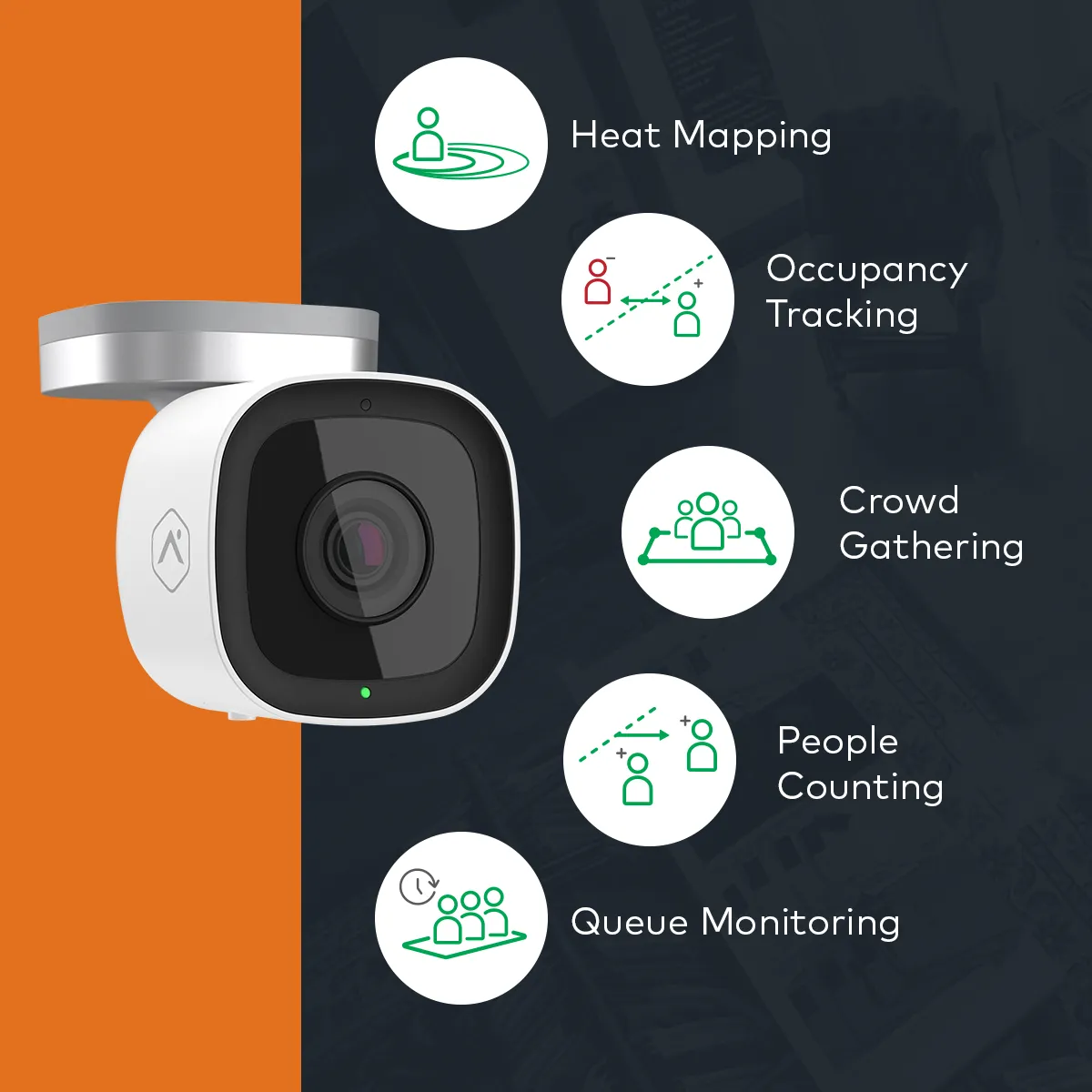 Alarm.com security camera with AI-powered video analytics capabilities including heat mapping, occupancy tracking, and people counting