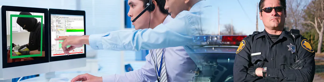 Security monitoring operators verifying a break-in with police response