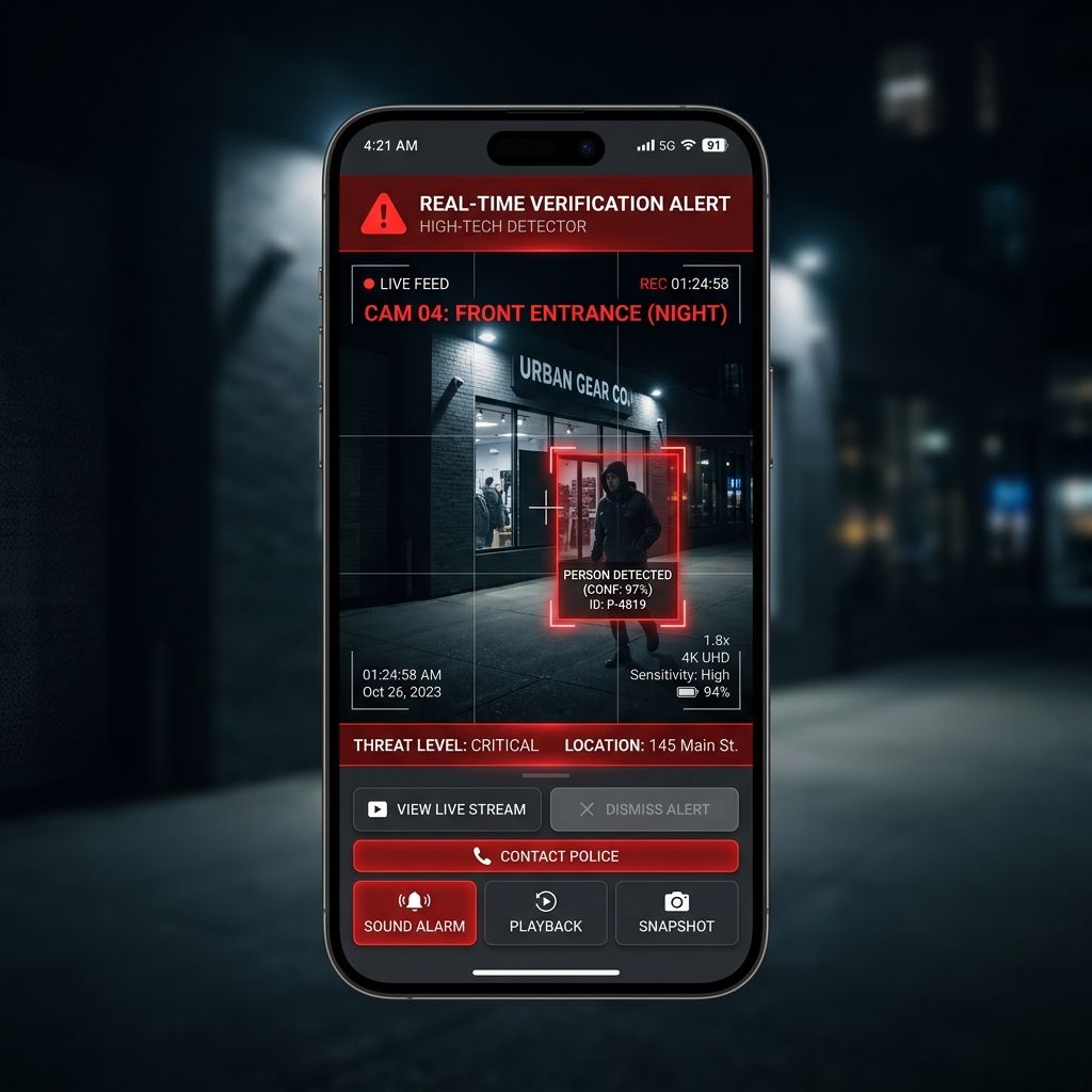 Real-time video alarm verification alert on smartphone showing active intruder caught on camera at front entrance with threat level critical.